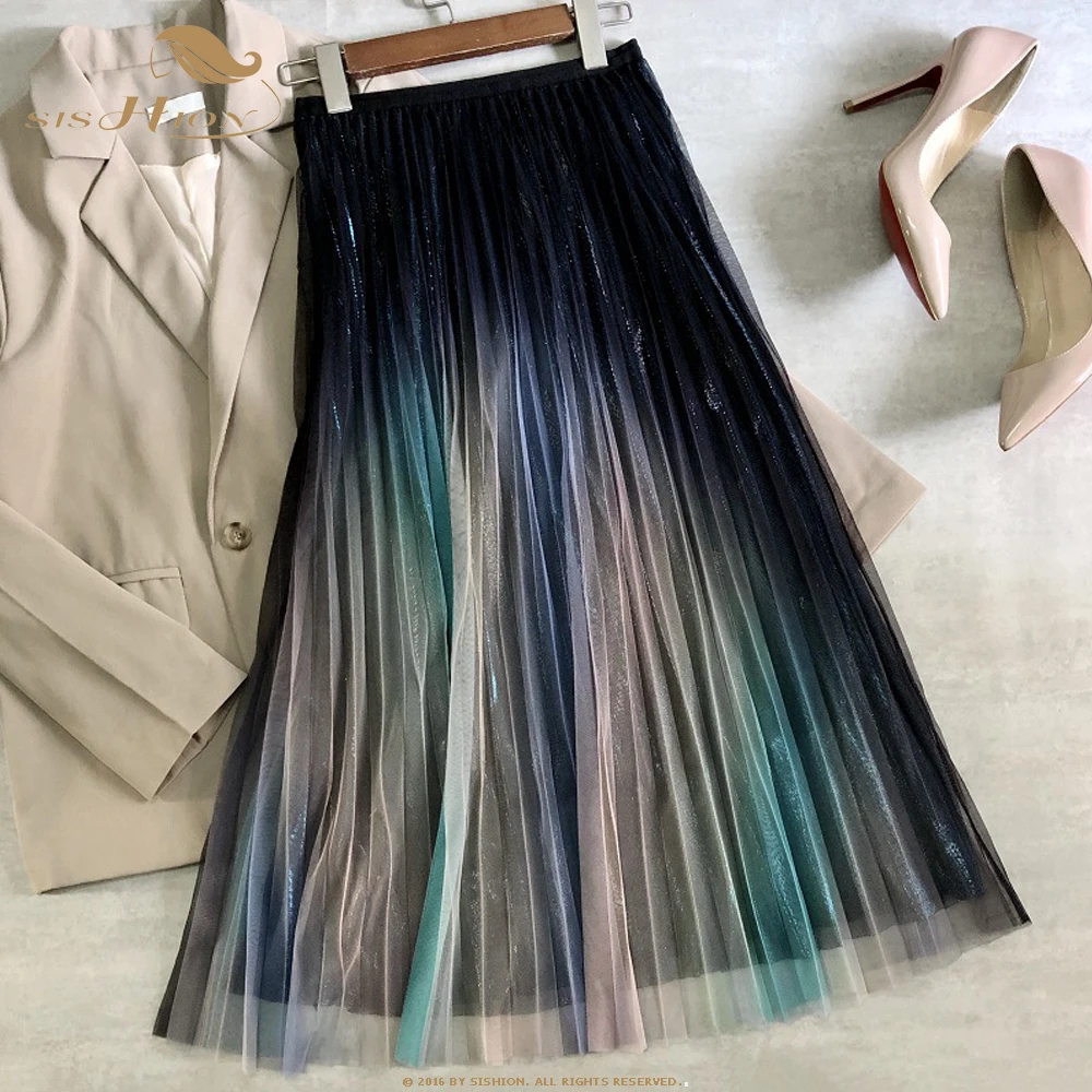 

SISHION Korean Style Bright Rainbow Gradient Mesh Skirt Spring High Waist Drape Pleated Skirt Female 2022 Summer SP1754