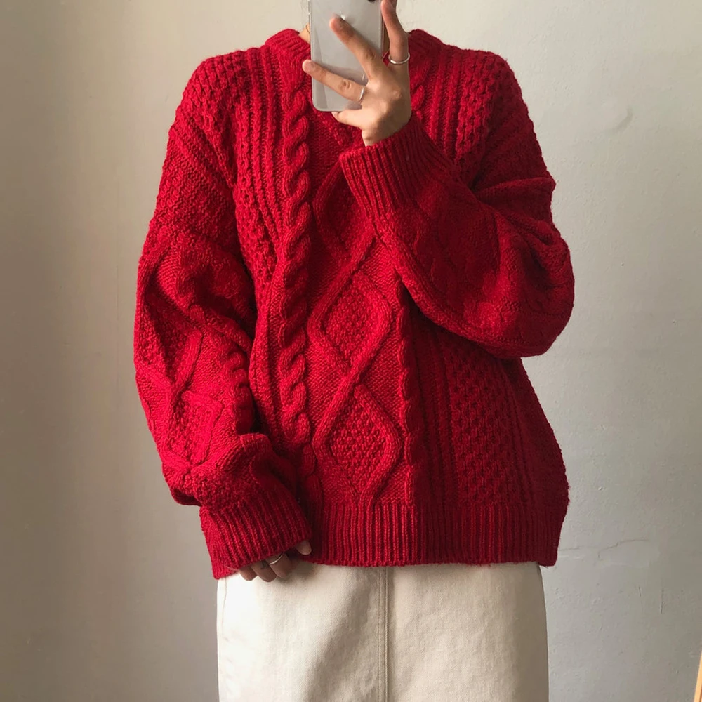 Женский Однотонный свитер с круглым вырезом Свободный Повседневный вязаный