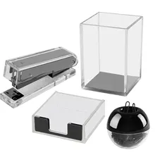 Acrylic Clear Black Office Supplies Set with Clear Black Desk Stapler Paper Clips Dispenser Pen Holder for Office Home School