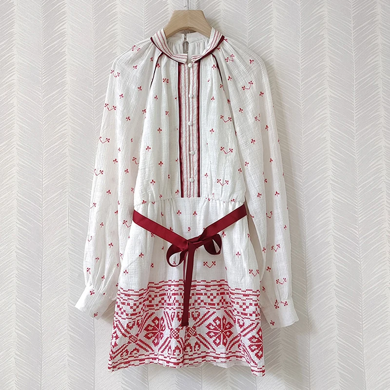 2021 Women Fashion Dress Long Lantern Sleeve Summer Early Autumn Red Flower Embroidery With Belt Casual Holiday Mini Dress
2021 Women Fashion Dress Long Lantern Sleeve Summer Early Autumn Red Flower Embroidery With Belt Casual Holiday Mini Dress