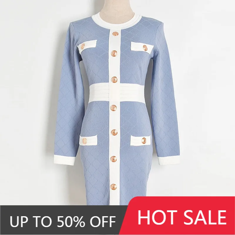Fall Casual Knit Dress Women Elegant Buttons Vintage Round Collar High Waist Dress Light Blue Contrasting Pocket Midi Dress
Fall Casual Knit Dress Women Elegant Buttons Vintage Round Collar High Waist Dress Light Blue Contrasting Pocket Midi Dress