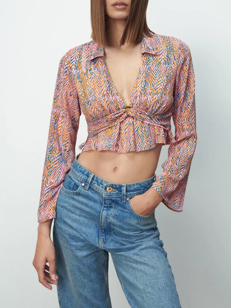 ZA new women's all-match sweet temperament small ruffled buckle printed shirt top
ZA new women's all-match sweet temperament small ruffled buckle printed shirt top
