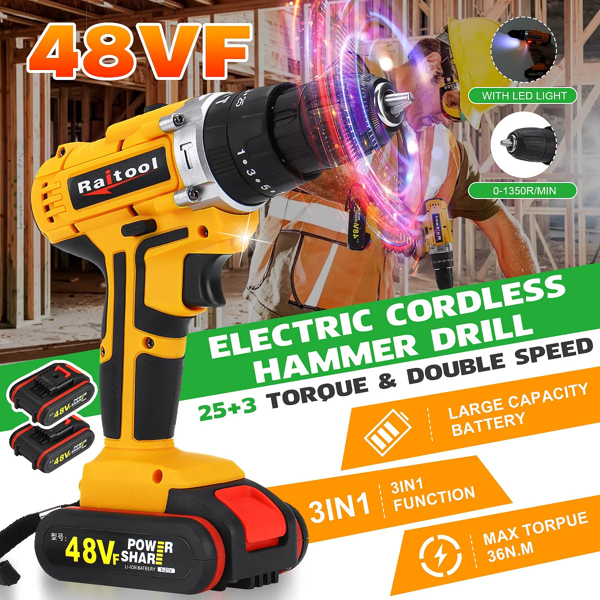 Raitool 48VF Electric Drill 25+3 Torque Cordless Drill Electric Screwdriver Wireless Power Driver with LED Light
Raitool 48VF Electric Drill 25+3 Torque Cordless Drill Electric Screwdriver Wireless Power Driver with LED Light