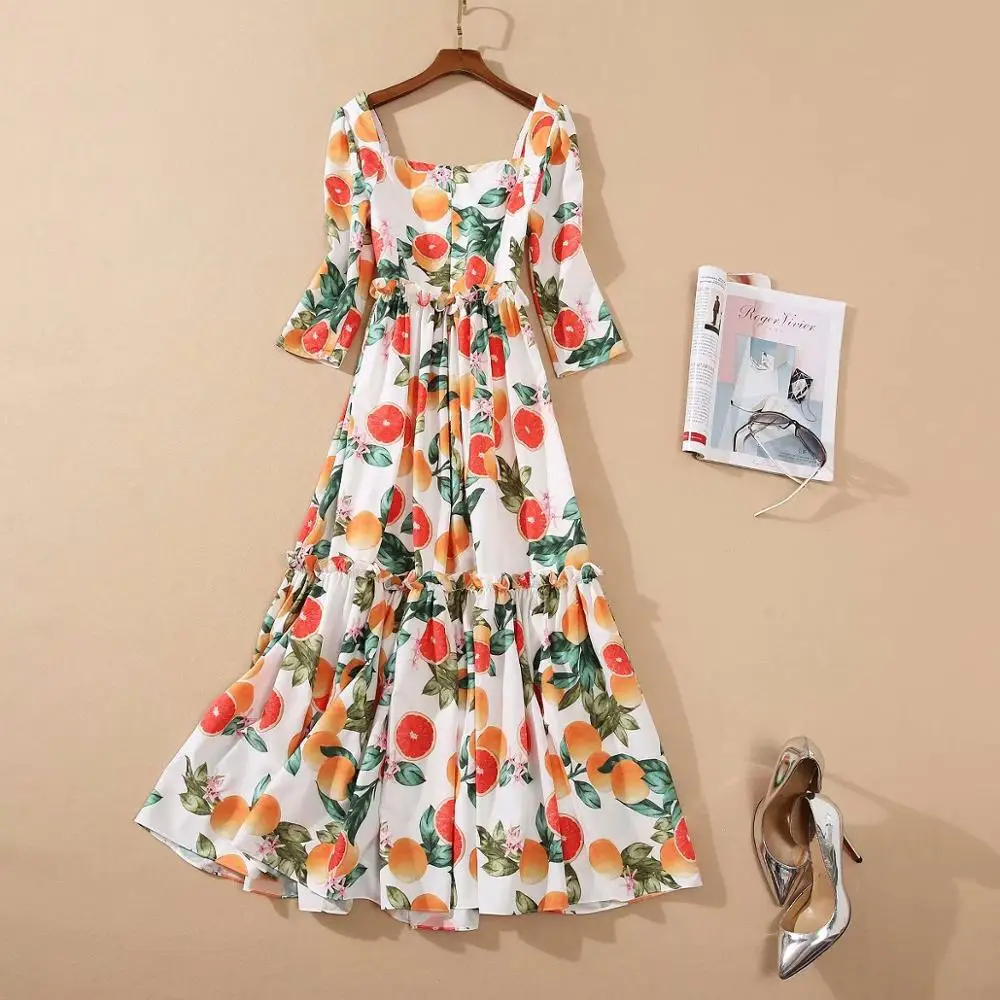 European and American women's clothing 2020 winter new style Square neck with seven-point sleeves orange printing Fashion dress
European and American women's clothing 2020 winter new style Square neck with seven-point sleeves orange printing Fashion dress