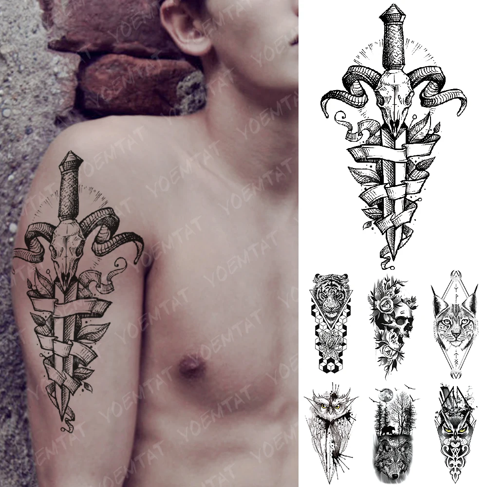 Waterproof Temporary Tattoo Sticker Goat sword Skull Flash Tattoos Lucifer Owl Wolf Demon Body Art Arm Fake Tatoo Women Men | Красота и