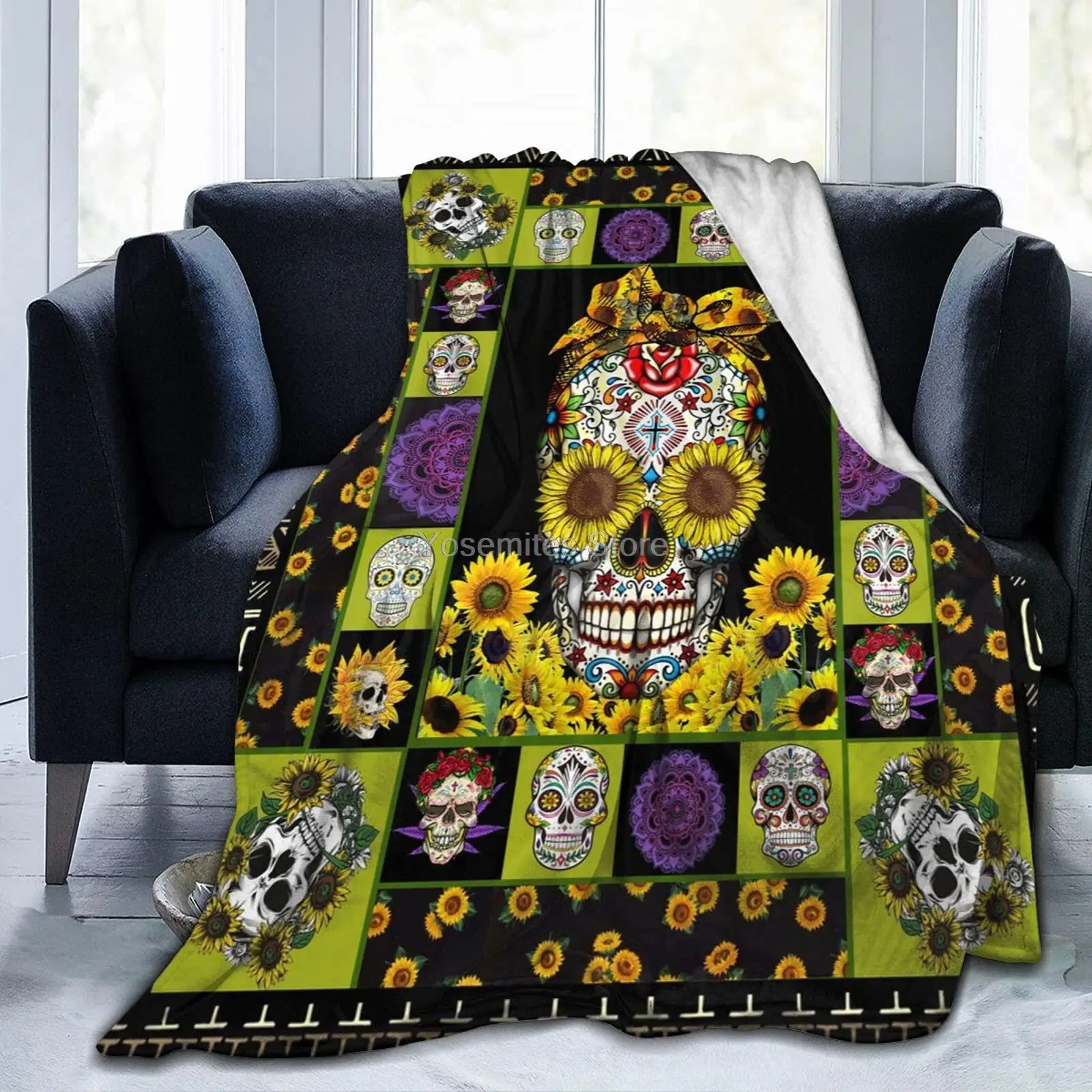 

Throw Blanket, Sunflower Sugar Skull Flannel Fleece Blanket for Couch Bed Sofa Ultra Soft Cozy Warm Plush Microfiber Blank