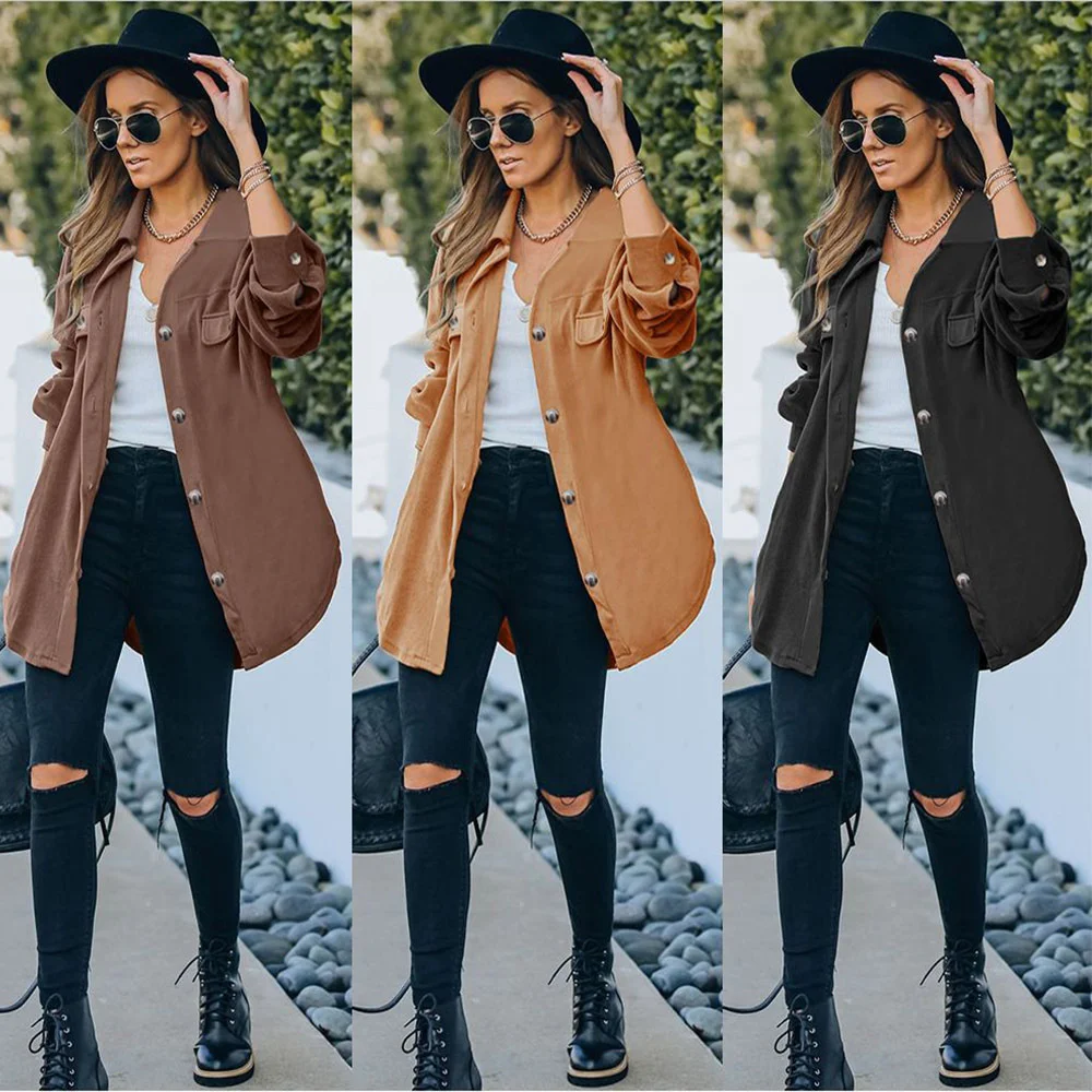 2021 autumn Europe and America women's solid color casual buckle loose long sleeve jacket with vintage lapel women's velvet coat
2021 autumn Europe and America women's solid color casual buckle loose long sleeve jacket with vintage lapel women's velvet coat