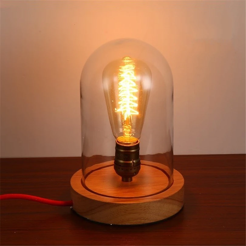 

Table Lamps Loft Vintage Wood Table Light with Glass Lampshade Edison Table Beside Desk Lights for Bedroom Living Study Room CCC