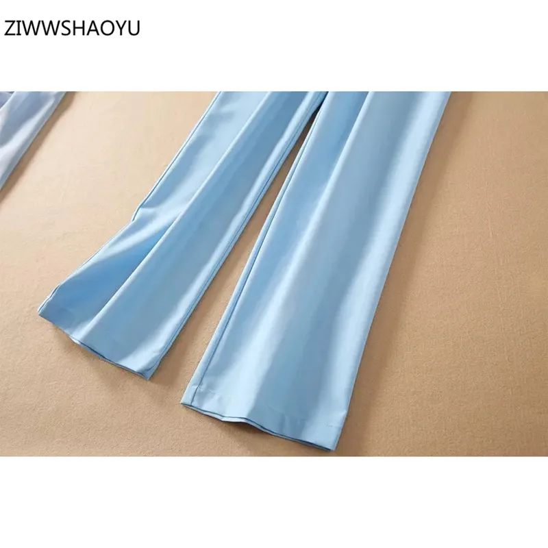 Ziwwshaoyu 2021 Summer Women Fashion Sky Blue Lapel Long Sleeve Shirt + Solid Slim Wide Leg Trousers 2 Piece Set
Ziwwshaoyu 2021 Summer Women Fashion Sky Blue Lapel Long Sleeve Shirt + Solid Slim Wide Leg Trousers 2 Piece Set