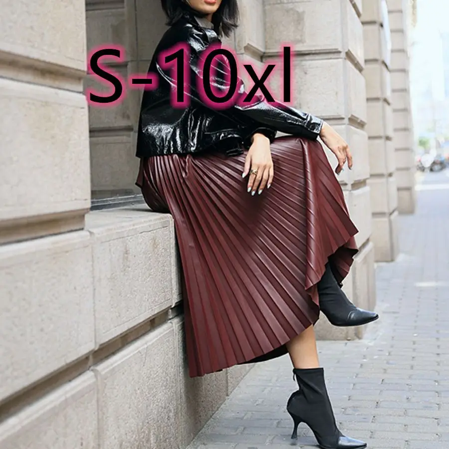 Юбка кожаная плиссированная черная в стиле ретро размера плюс S -10 XL | Женская