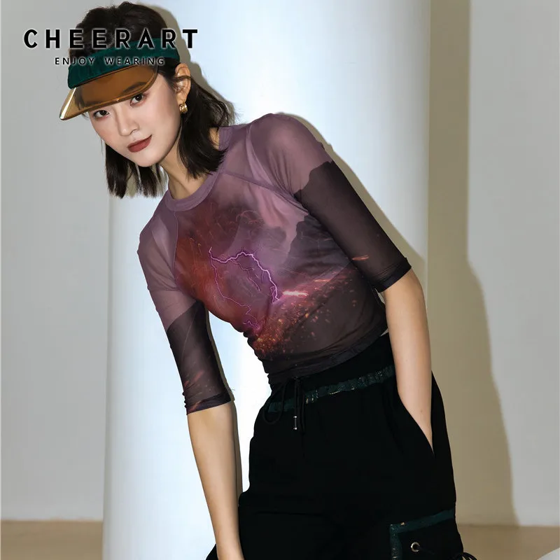 CHEERART футболка с изображением вулканического маги сетчатый топ футболки
