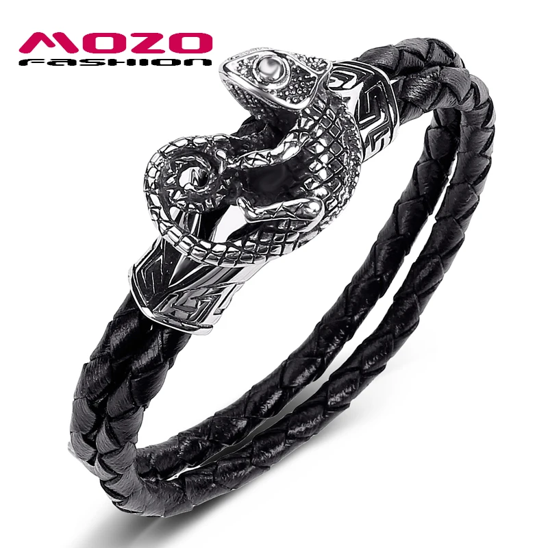 

2020 New Men Jewelry Black Genuine Leather Bracelet Stainless Steel Punk Lizard Charm Chameleon Women Bangles