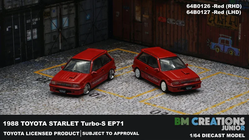 New 1/64 Scale Miniature Car Toyoota 1988 Starlet Turbo S EP71 Red by BM Creations JUNIOR Diecast toys For Collection Gift
New 1/64 Scale Miniature Car Toyoota 1988 Starlet Turbo S EP71 Red by BM Creations JUNIOR Diecast toys For Collection Gift