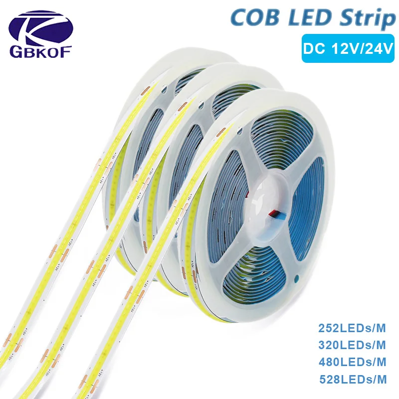 

COB LED Strip 320 480 528 252 LEDs High Density Flexible COB LED Lights DC12V 24V RA90 3000K 4000K 6000K LED Tape 5m/lot