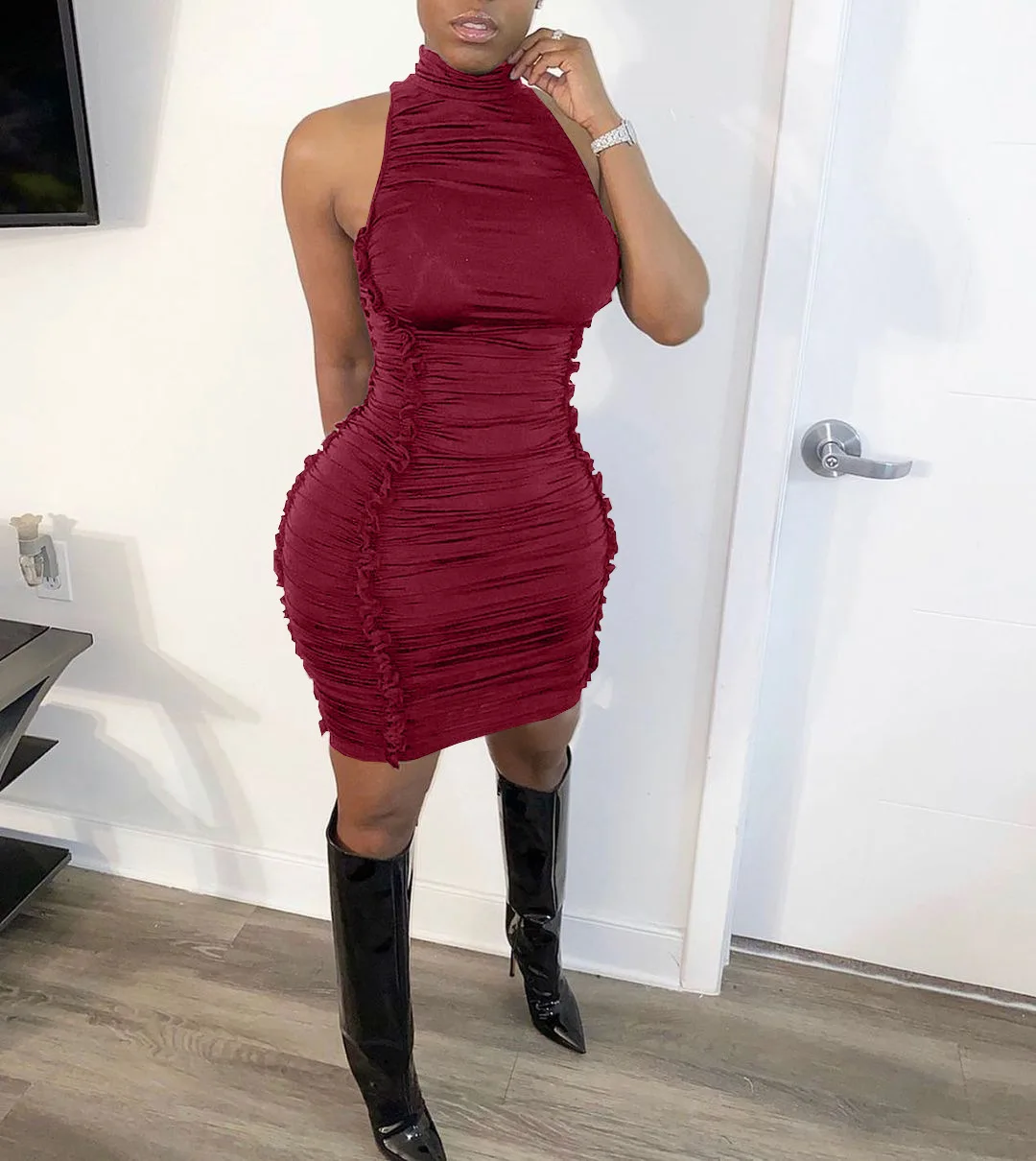 Summer Sleeveless Pleated Stacked Turtleneck Mini Dress Zipper Skinny Bodycon Party Clubwear Vintage Dresses Vestidos
Summer Sleeveless Pleated Stacked Turtleneck Mini Dress Zipper Skinny Bodycon Party Clubwear Vintage Dresses Vestidos