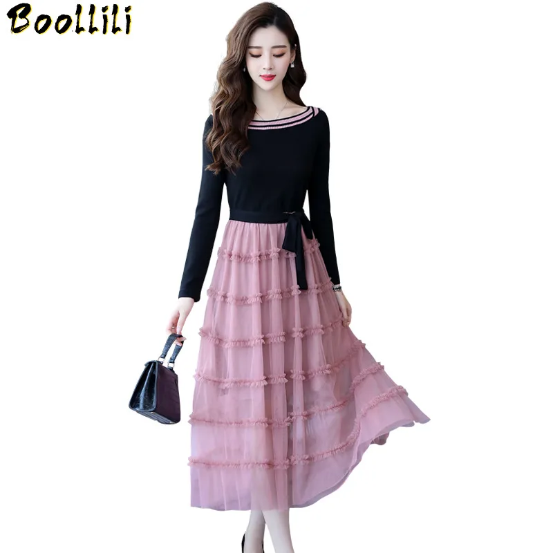 

Autumn Boollili Spring Kintted Dress Women Clothes 2023 Ladies Dresses Vintage Korean Black Mesh Dress Women Long Dress Vestidos