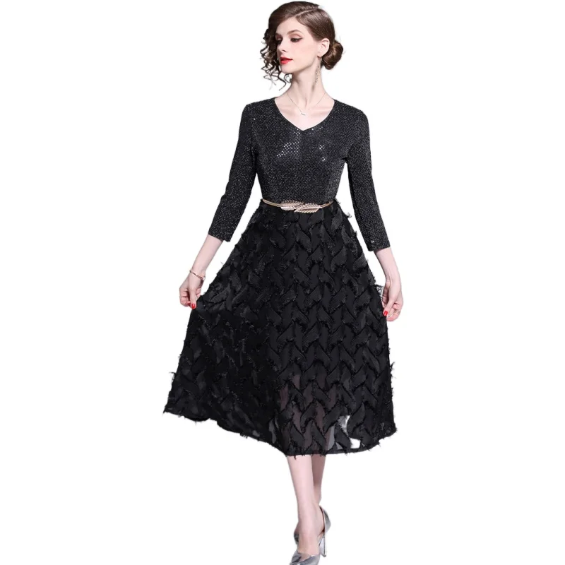 Simgent Sequin Dress Women Belted Patchwork A Line Elegant V-Neck Midi Long Dress Spring Fall Vestidos Black Jurken SG08172
Simgent Sequin Dress Women Belted Patchwork A Line Elegant V-Neck Midi Long Dress Spring Fall Vestidos Black Jurken SG08172