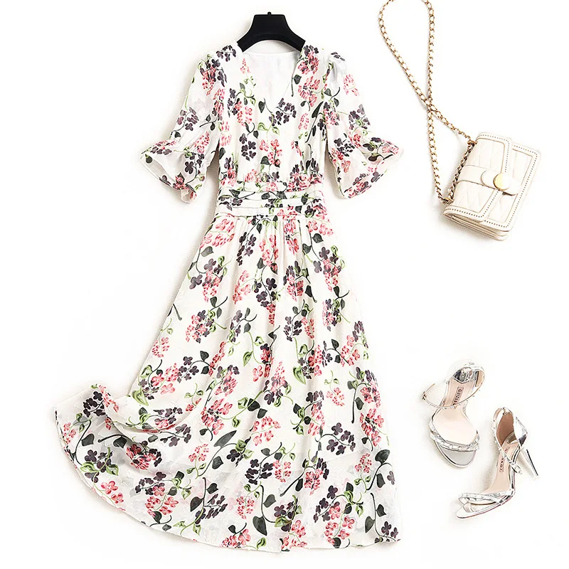 2021 Summer Women V Neck Short Flare Sleeves High Elastic Waist Lacing Belt Bow Tie Women Floral Printed Chiffon Dress
2021 Summer Women V Neck Short Flare Sleeves High Elastic Waist Lacing Belt Bow Tie Women Floral Printed Chiffon Dress