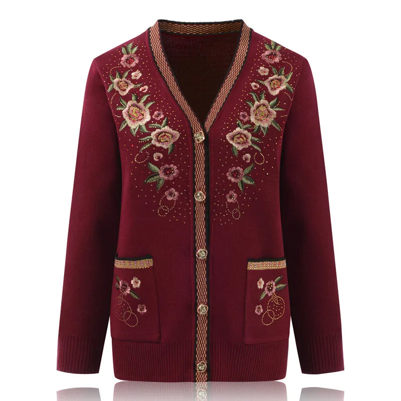 

Middle-aged Elderly Women Sweater Cardigan Coat New Autumn Winter Jacket Long-sleeved Embroidery knitt Sweater Female Tops