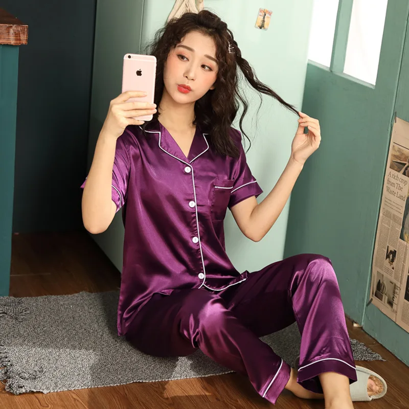 Women Pyjamas Set Short Sleeve Silk Satin Pajamas Summer Homewear Plus Size 5XL 
Women Pyjamas Set Short Sleeve Silk Satin Pajamas Summer Homewear Plus Size 5XL