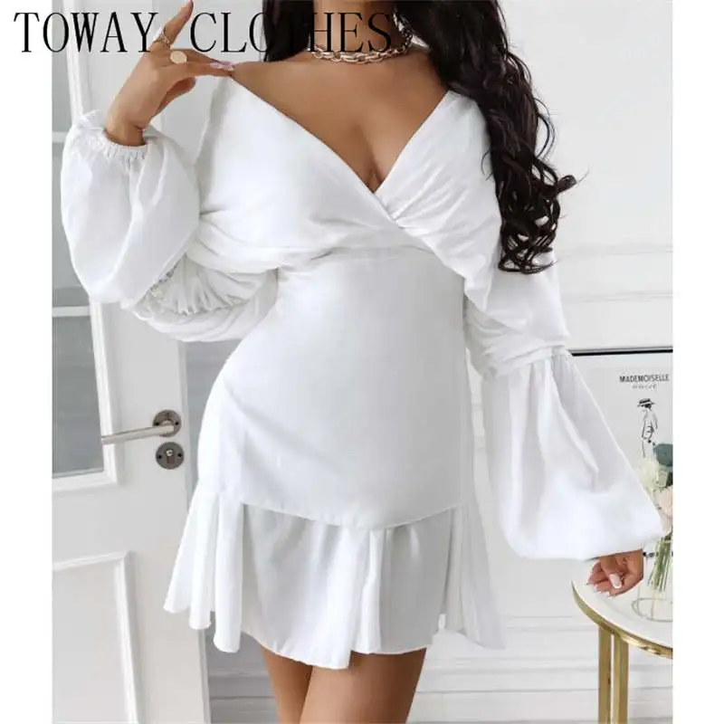 Plain Long Sleeve Ruched Bell Sleeve V-Neck Casual Dress Mini White Elegant Dresses For Women
Plain Long Sleeve Ruched Bell Sleeve V-Neck Casual Dress Mini White Elegant Dresses For Women