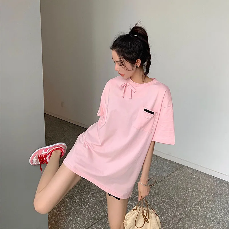 White short-sleeved T-shirt women's summer 2021 new fashion round neck bowknot decoration pink casual top
White short-sleeved T-shirt women's summer 2021 new fashion round neck bowknot decoration pink casual top