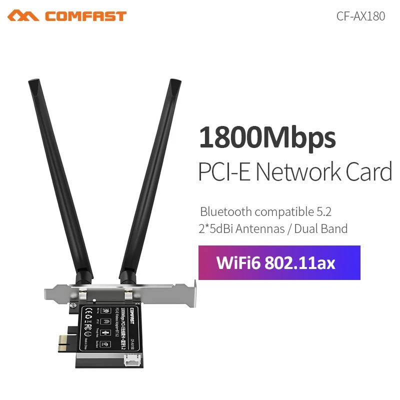 CF-AX180 Wifi 6 PCI-E WiFi Adapter Dual Band 1800Mbps 801.ax Network Card Bluetooth 5.2 With 2.5dBi Antenna For Win10/11 PC
CF-AX180 Wifi 6 PCI-E WiFi Adapter Dual Band 1800Mbps 801.ax Network Card Bluetooth 5.2 With 2.5dBi Antenna For Win10/11 PC