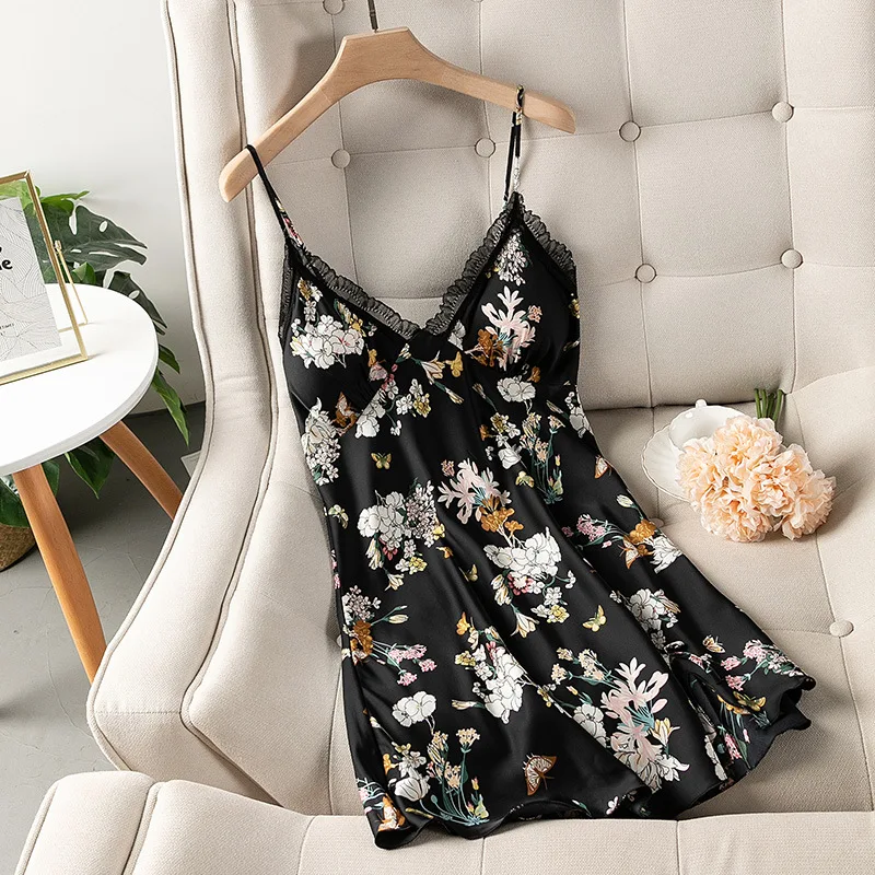 Pajamas women spring and summer suspender skirt ice silk with breast pad thin floral print sexy nightdress home dress
Pajamas women spring and summer suspender skirt ice silk with breast pad thin floral print sexy nightdress home dress