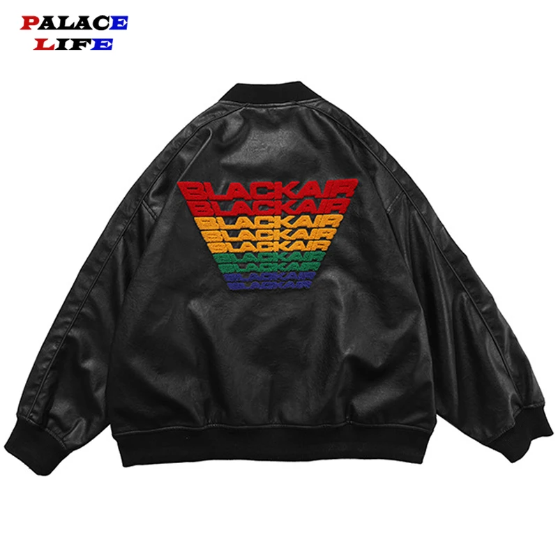 Mens PU Leather Bomber Jackets Letter Embroidery Harajuku Male Baseball Jacket 2021 Autumn Unisex Oversized Streetwear Tops
Mens PU Leather Bomber Jackets Letter Embroidery Harajuku Male Baseball Jacket 2021 Autumn Unisex Oversized Streetwear Tops