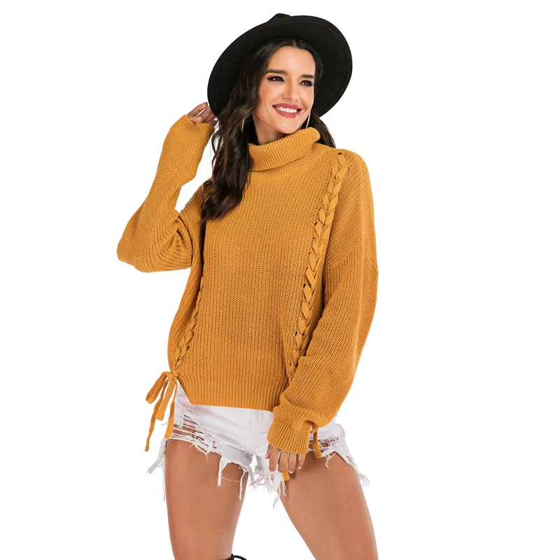Women Solid Color Sweater Adults Tie-up Loose Long Sleeve High Collar Knitwear (Yellow)
Women Solid Color Sweater Adults Tie-up Loose Long Sleeve High Collar Knitwear (Yellow)