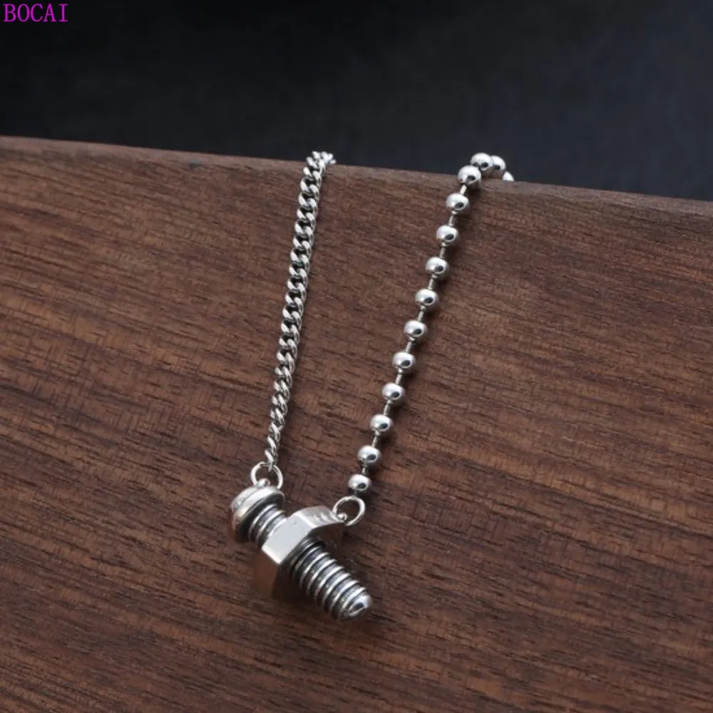 

BOCAI S925 Pure Silver Sense Splicing Round Bead Clavicle Chain Female Personality Thai Silver Fashion Screw Necklace For Women