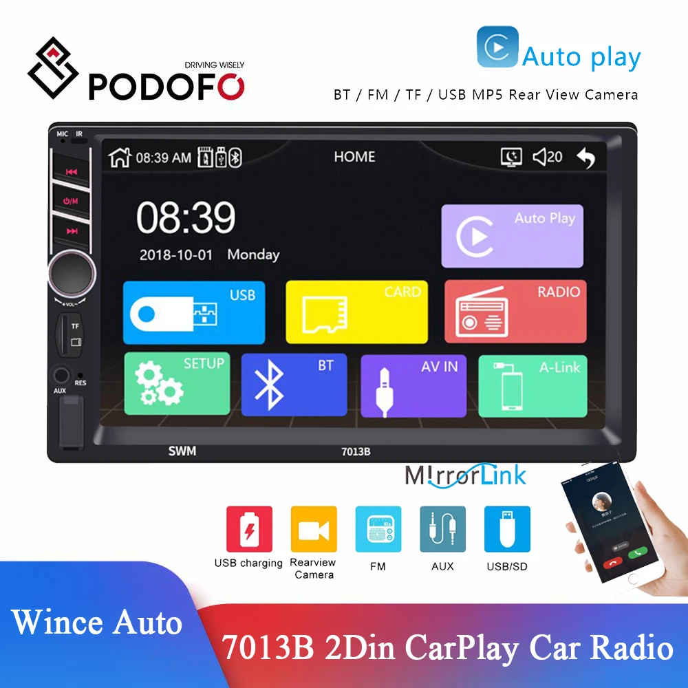 Podofo 7013B 2Din Carplay Автомагнитола Wince Авто MP5 видео плеер Bluetooth громкой связи USB 7