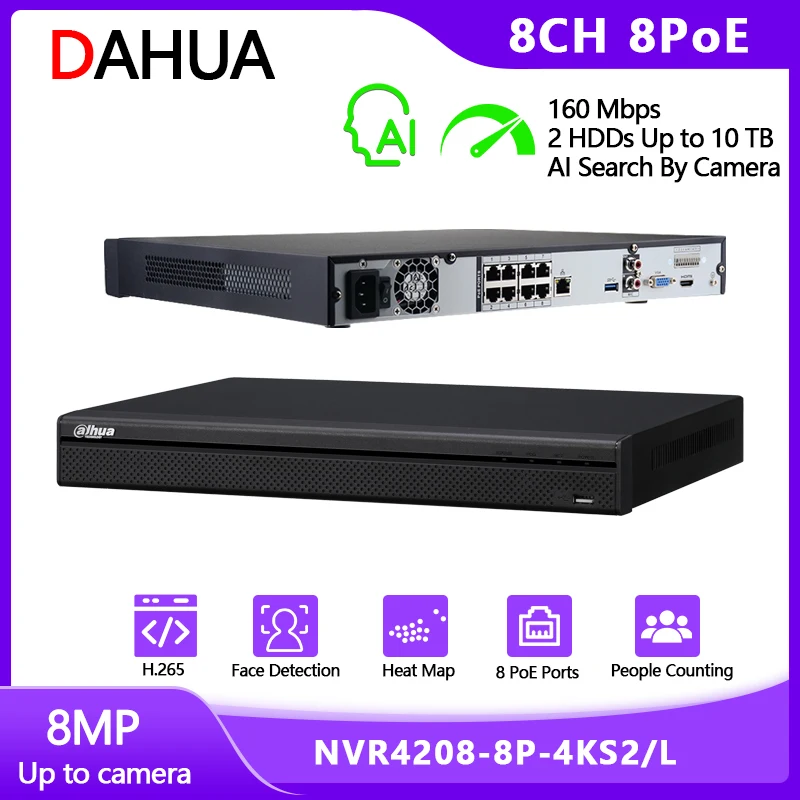 

Сетевой видеорегистратор Dahua AI 8 каналов 1U 2HDDs, сетевой видеорегистратор 8POE NVR4208-8P-4KS2/L H.265 4K для IP-камер видеонаблюдения 8 МП