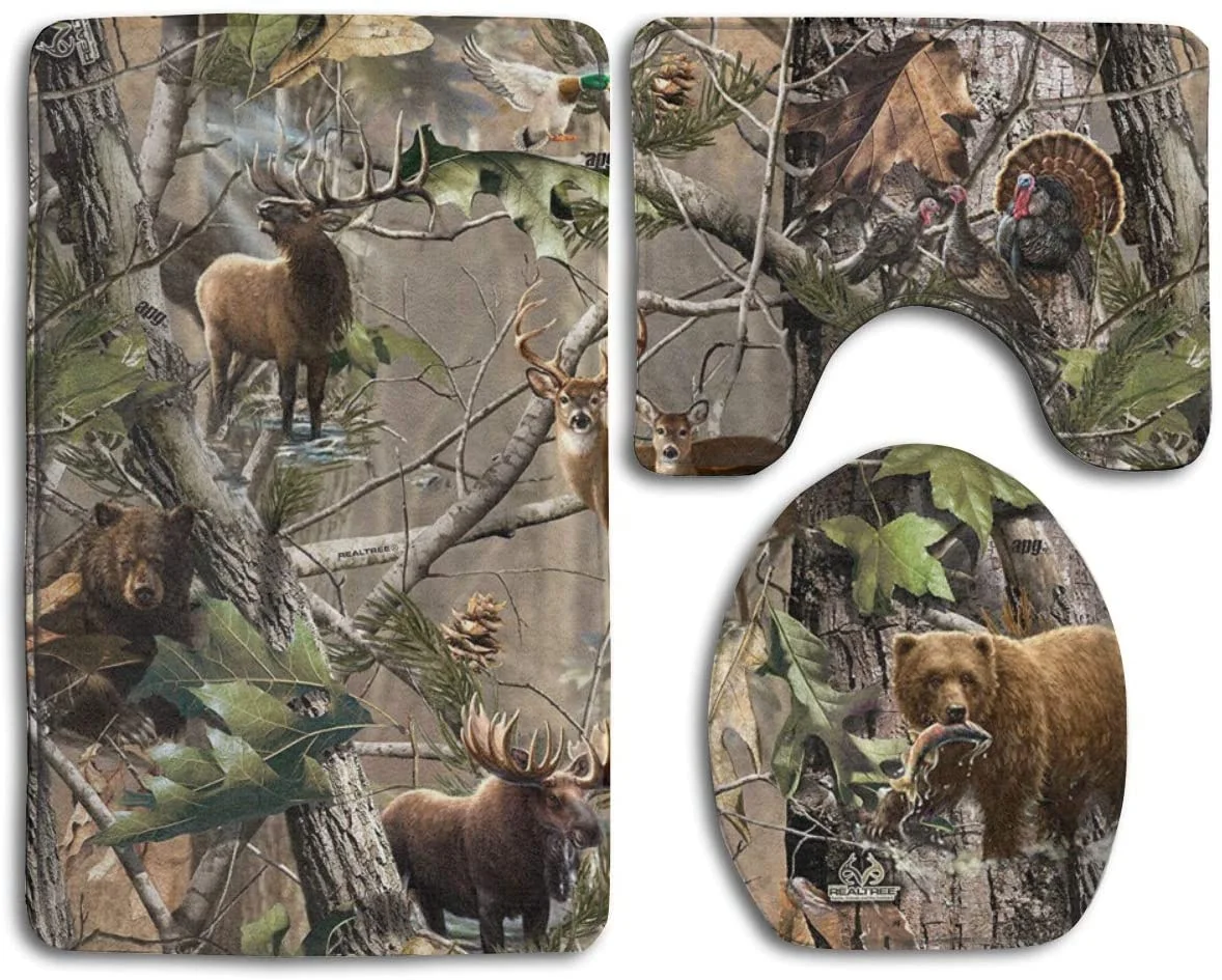 

Camo Hunting Deer Bear Moose Turkey Duck Skidproof Toilet Seat Cover Bath Mat 3 Piece Bathroom Rugs Set Bath Rug