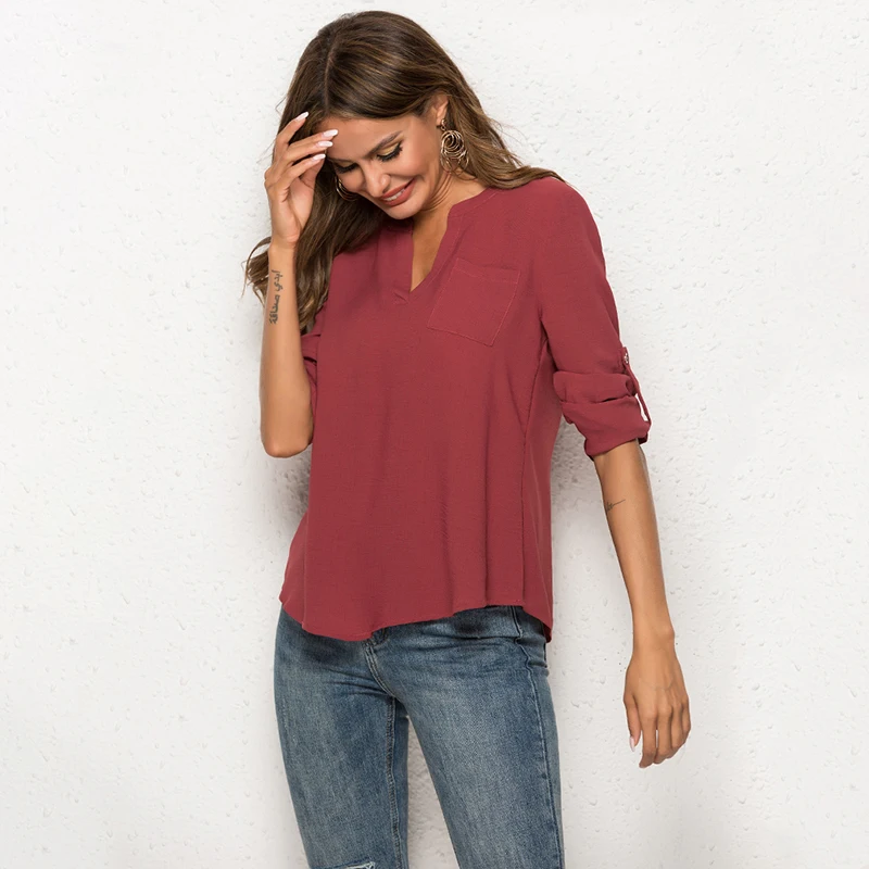 Long-sleeved Blouse With Open Collar Pocket Fashion Long Sleeve Women Blouses and Tops Solid Office Shirt Casual Tops Plus Size