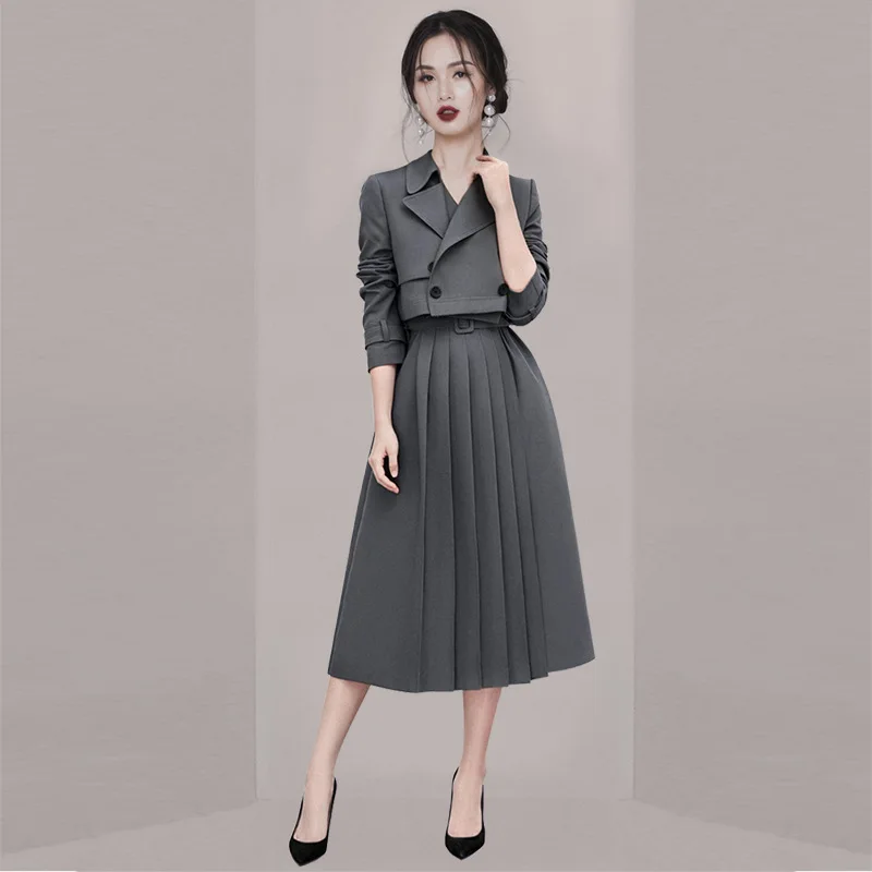 Gray women's suits autumn new fashion office lady female suit set short blazer+ high waist pleated midi skirt two-piece female 
Gray women's suits autumn new fashion office lady female suit set short blazer+ high waist pleated midi skirt two-piece female