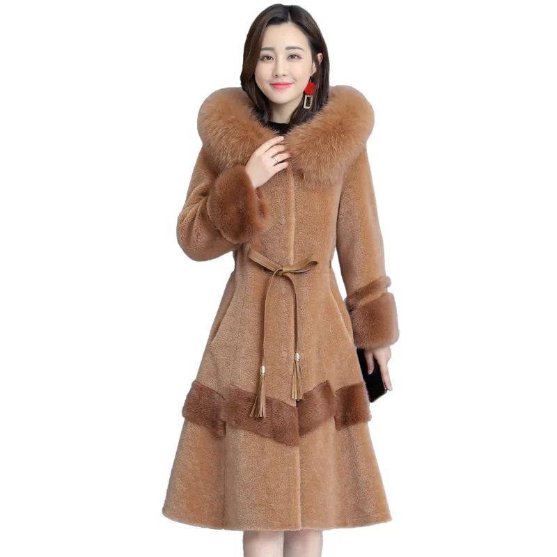 

2021 Зимняя шерстяная куртка с капюшоном Leiouna размера плюс 4XL, облегающее меховое пальто из лисьего меха и овечьей шерсти, женское длинное тепл...