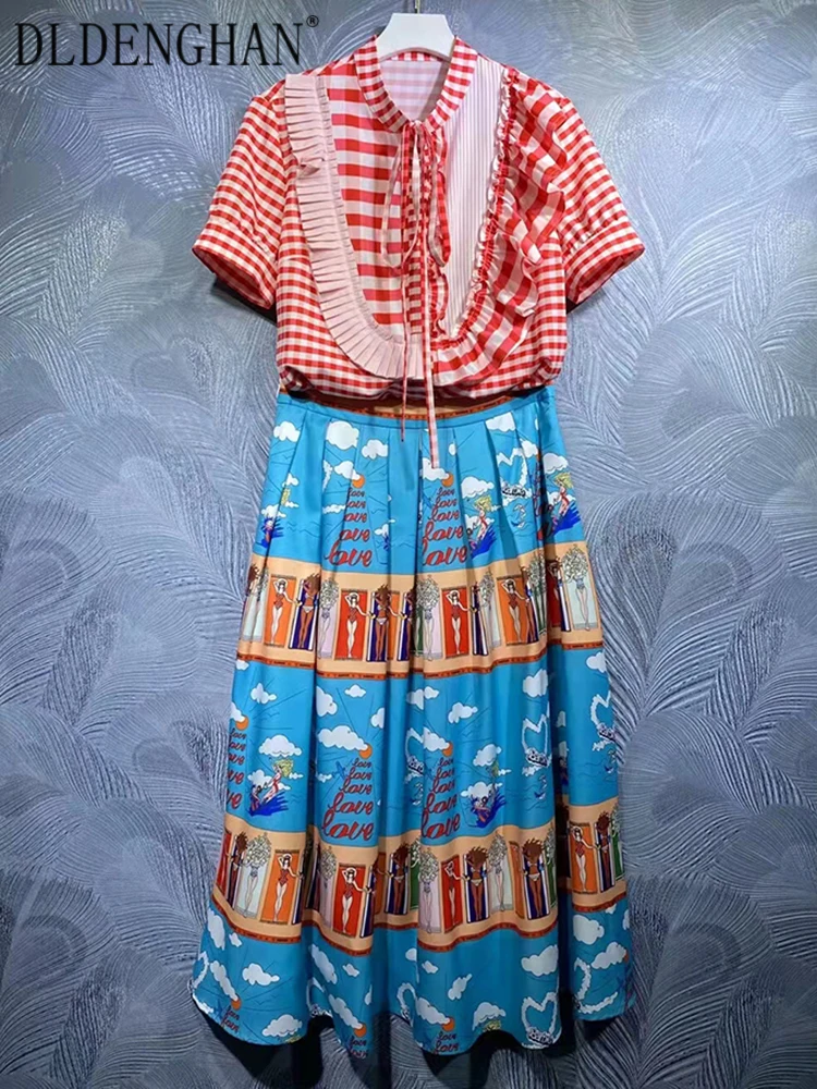 DLDENGHAN Runway Designer Autumn Suit Women Stand Collar Ruffles Red Plaid Tops + Blue Print Letter Skirt Two Pieces Set
DLDENGHAN Runway Designer Autumn Suit Women Stand Collar Ruffles Red Plaid Tops + Blue Print Letter Skirt Two Pieces Set