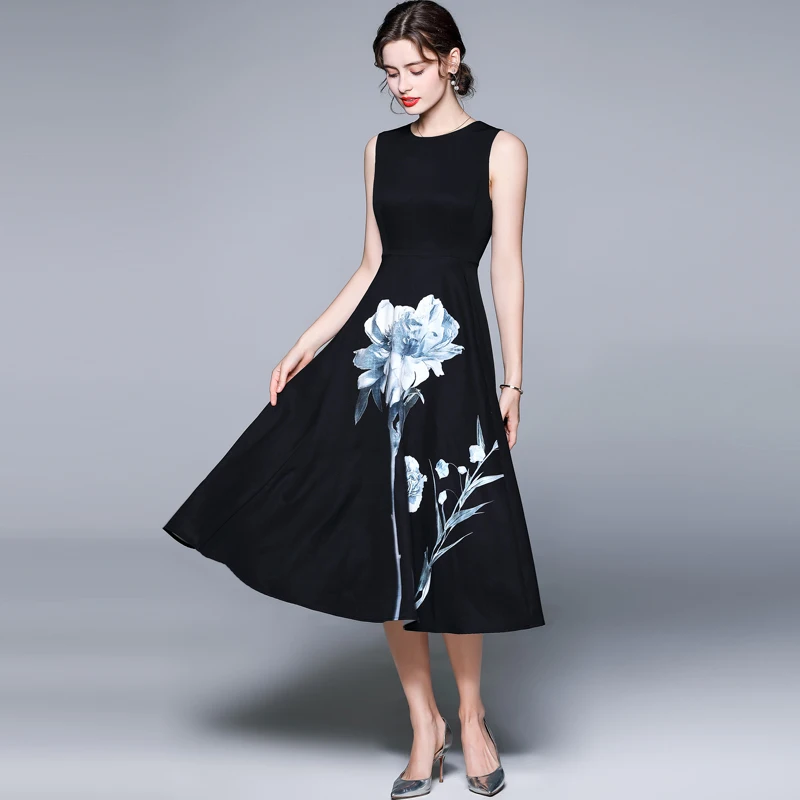 JSXDHK Runway Designer Summer Tank Party Dress Vintage Women Sleeveless Flower Printed Black O Neck Female Ball Gown Midi Dress
JSXDHK Runway Designer Summer Tank Party Dress Vintage Women Sleeveless Flower Printed Black O Neck Female Ball Gown Midi Dress