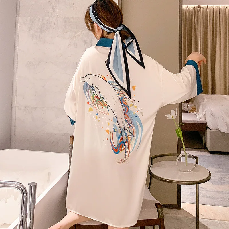 Ice Silk Nightdress Female Spring Mid - Sleeve Thin Cardigan Fashion Temptation Emblazoned on Home Service 
Ice Silk Nightdress Female Spring Mid - Sleeve Thin Cardigan Fashion Temptation Emblazoned on Home Service