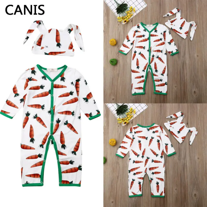 2019 New Autumn Cute Cartoon Carrot Romper + Caps Clothes Kids Baby Boys Girls Long Sleeve Jumpsuit Hat Warm Outfit | Мать и ребенок