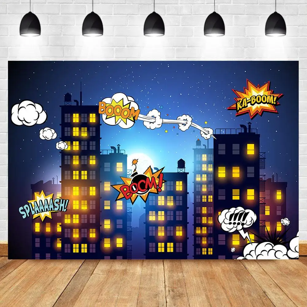 Фон Nitree с надписью Happy Superhero для вечеринки в честь Дня Рождения ночной город