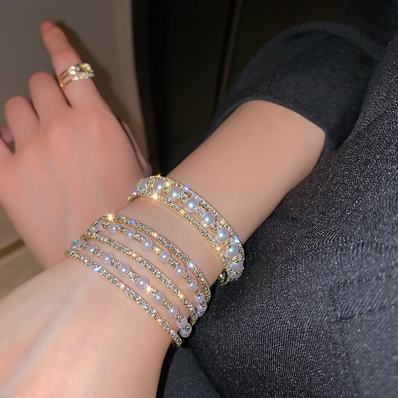 

FYUAN Geometric Multilayer Rhinestones Bracelet & Bangles For Women Pearl Cuff Bracelets Weddings Jewelry