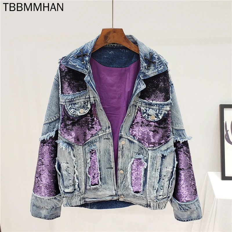 High Quality Heavy Work Purple Sequins Splice Hole Jean Jacket Female Streetwear 2021 Autumn Vintage Fashion Women Denim Jacket
High Quality Heavy Work Purple Sequins Splice Hole Jean Jacket Female Streetwear 2021 Autumn Vintage Fashion Women Denim Jacket
