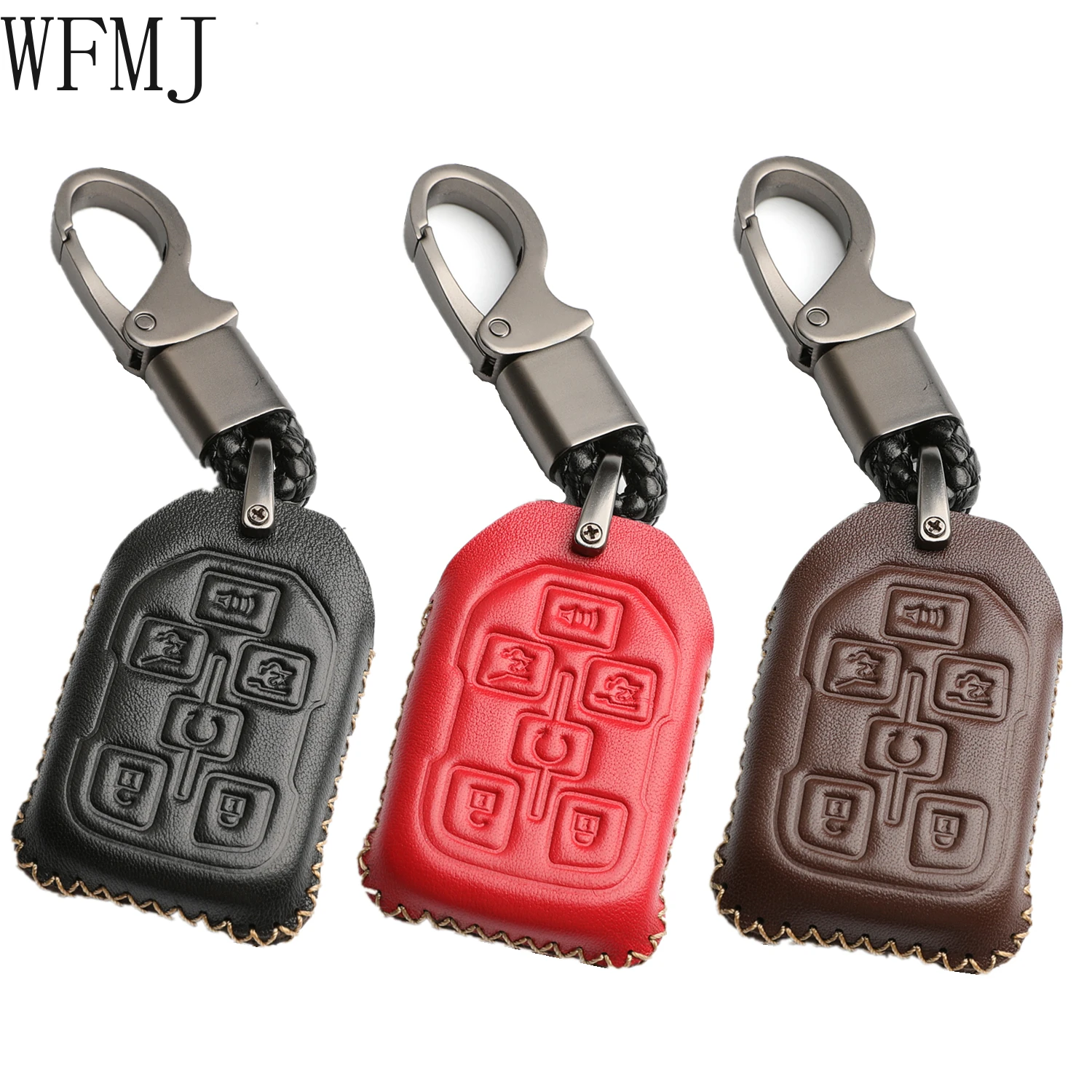 

WFMJ Leather for Chevrolet Suburban Tahoe GMC Yukon XL Denali Remote Smart 6 Buttons Key Case Holder Cover Fob Chain