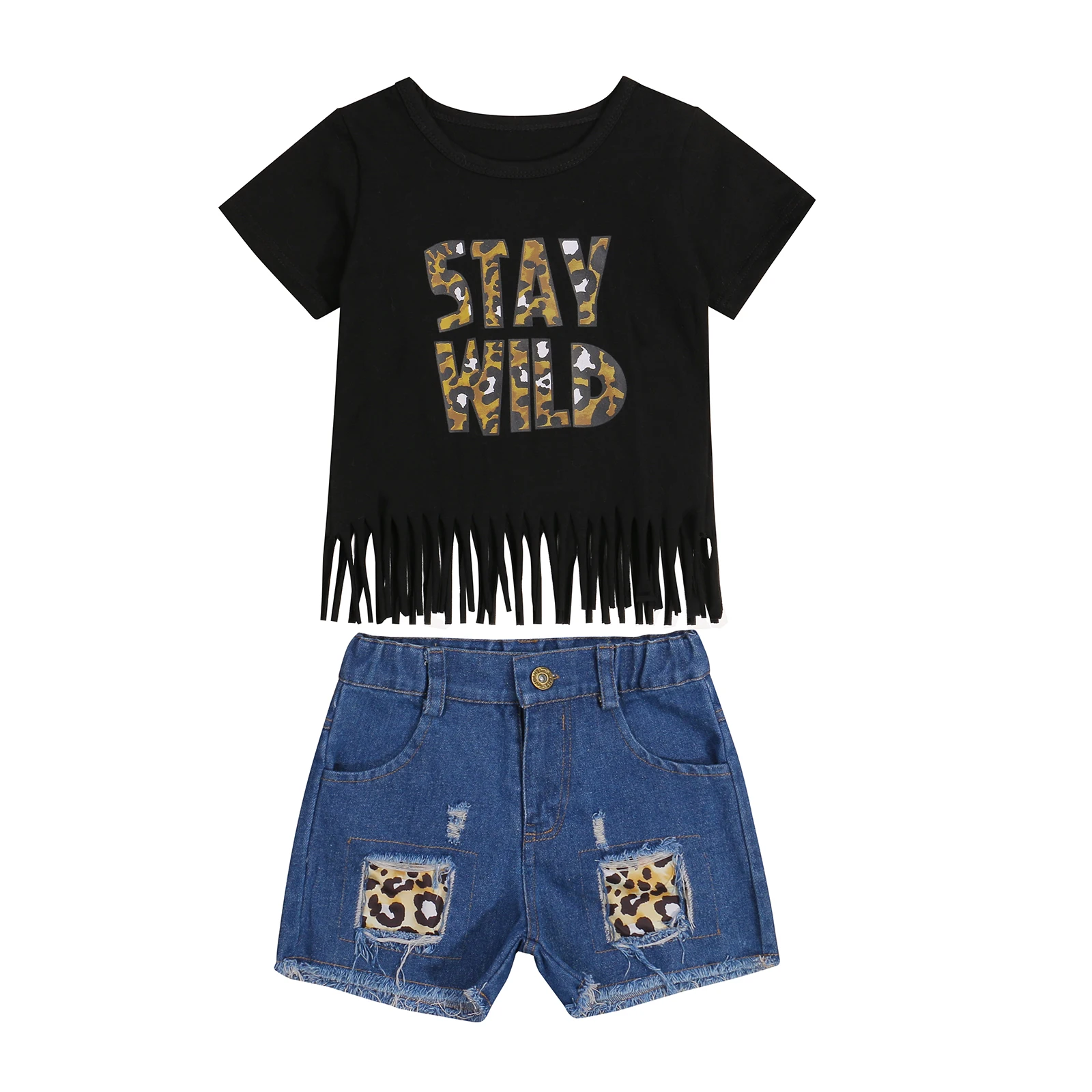 Летние топы с круглым вырезом и коротким рукавом для маленьких девочек с принтом букв и бахромой + леопардовые джинсовые шорты
Летние топы с круглым вырезом и коротким рукавом для маленьких девочек с принтом букв и бахромой + леопардовые джинсовые шорты