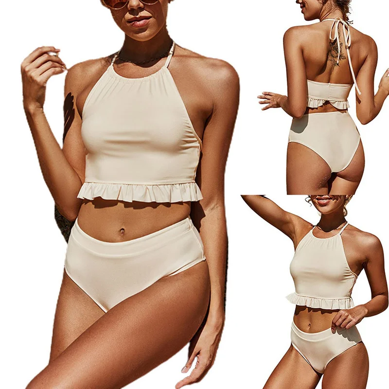 

Women's Tankini Sexy Swimwear Ruffle Frill Halter Neck Tops Plain Briefs Swimsuit 2 Piece Sets Women