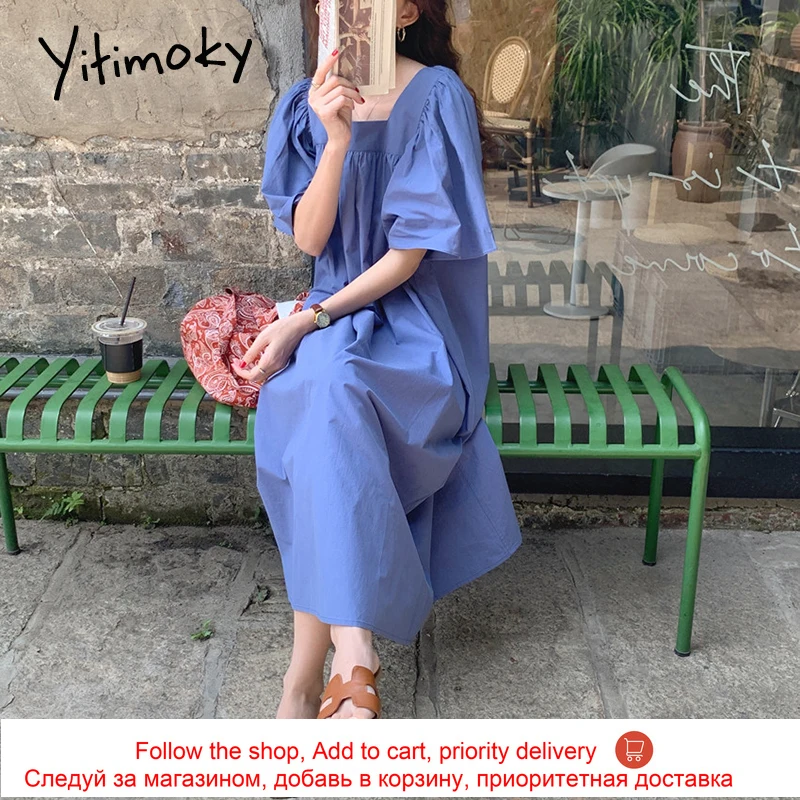 Yitimoky Vintage Women Dresses Square Collar 2021 Summer Fashion Korean Ruched Flying Sleeve Loose Waist Elegant Solid Dress 
Yitimoky Vintage Women Dresses Square Collar 2021 Summer Fashion Korean Ruched Flying Sleeve Loose Waist Elegant Solid Dress