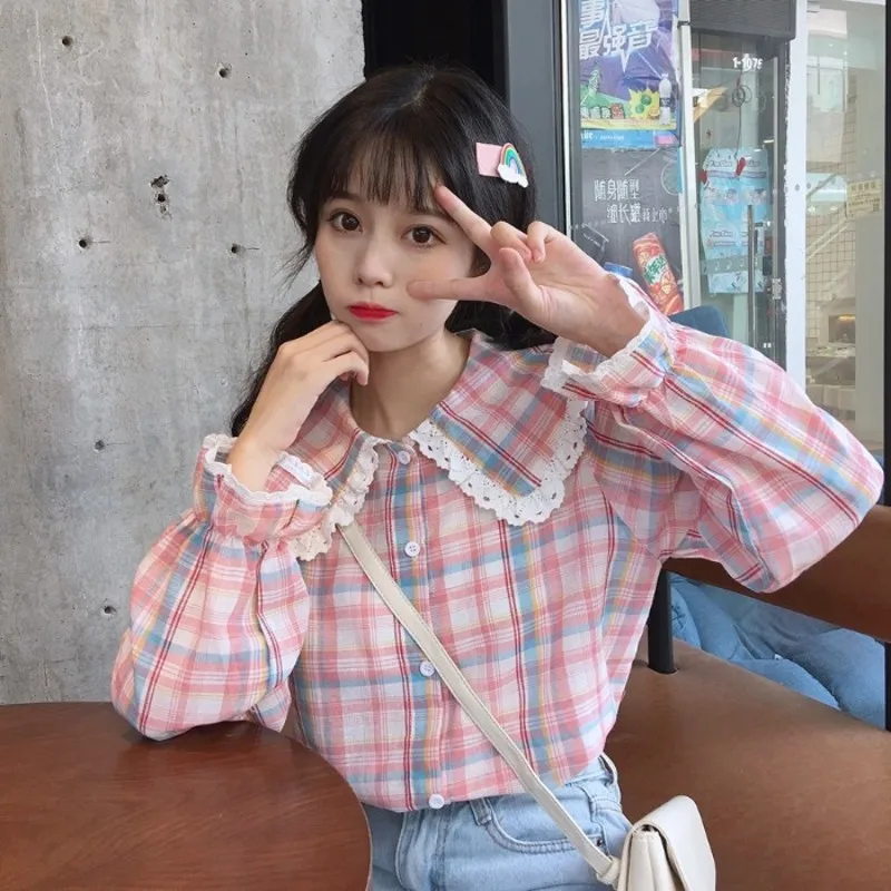 Japanese 2020 Spring New Sweet Lace Peter Pan Collar Vintage Plaid Cute Petal Full Sleeve Harajuku Shirt Women Blouse Shirt
Japanese 2020 Spring New Sweet Lace Peter Pan Collar Vintage Plaid Cute Petal Full Sleeve Harajuku Shirt Women Blouse Shirt