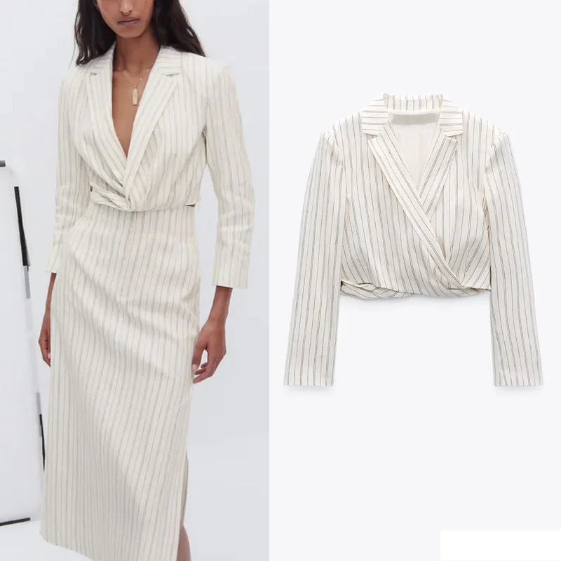 Za Striped Cropped Woman Blazer 2021 Vintage Lapel Long Sleeve Summer Blazer Fashion Button Up Knotted Hem Office Ladies Blazer
Za Striped Cropped Woman Blazer 2021 Vintage Lapel Long Sleeve Summer Blazer Fashion Button Up Knotted Hem Office Ladies Blazer